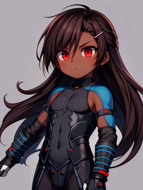 Masterpiece High res, high definition, (((dark skin tone))),dark skin male, dark skin, cute shota,red eyes, black hairpin, brown hair, long dark brown hair, wearing a black exoskeleton, detached sleeves, black Gauntlets,  black bodysuit,black exoskeleton ninja suit, black fingerless gloves, blue accents, 