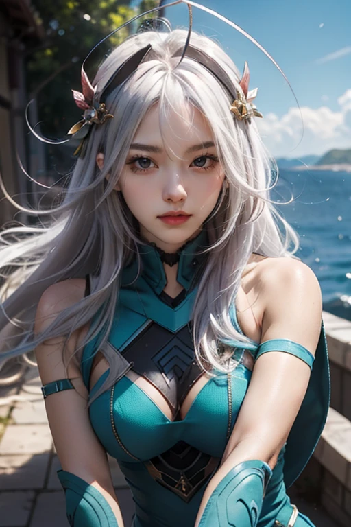 Best quality, masterpiece, detailed,
Rossweiss,
1 girl, closed mouth, slight smile,
White hair, sea green eyes, antenna hair, long hair, hair ornament,
armor, mittens, bare shoulders,
I look at the viewer,
on open air