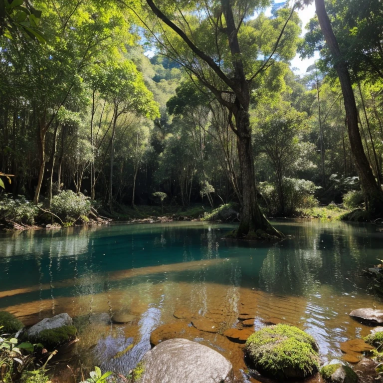 foto ultra realista de uma floresta sem agua somente arvores e montanhas