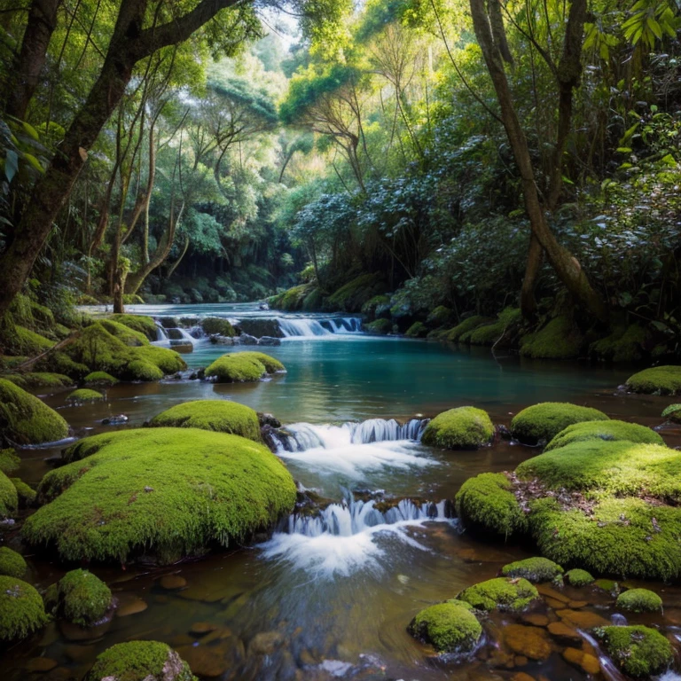 foto ultra realista de uma floresta sem agua somente arvores e montanhas