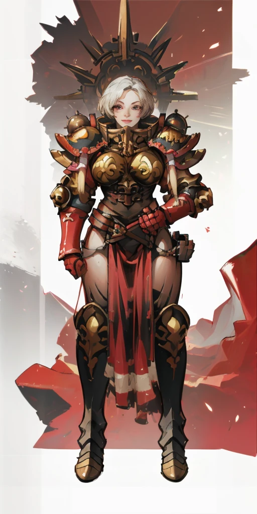 (masterpiece, best quality, 4k, 1girlsolo, 1MILF, mmplatz, smile, red cheeks, plain background:1.2), perfect face, perfect lighting, mature whsororitas with gloves red gauntlets in her hands like Cammy White from Street Fighter, bob white hair, warhammer 40k power armor suit, red eyes like rubies, full body armor, view from below, looking to the viewer