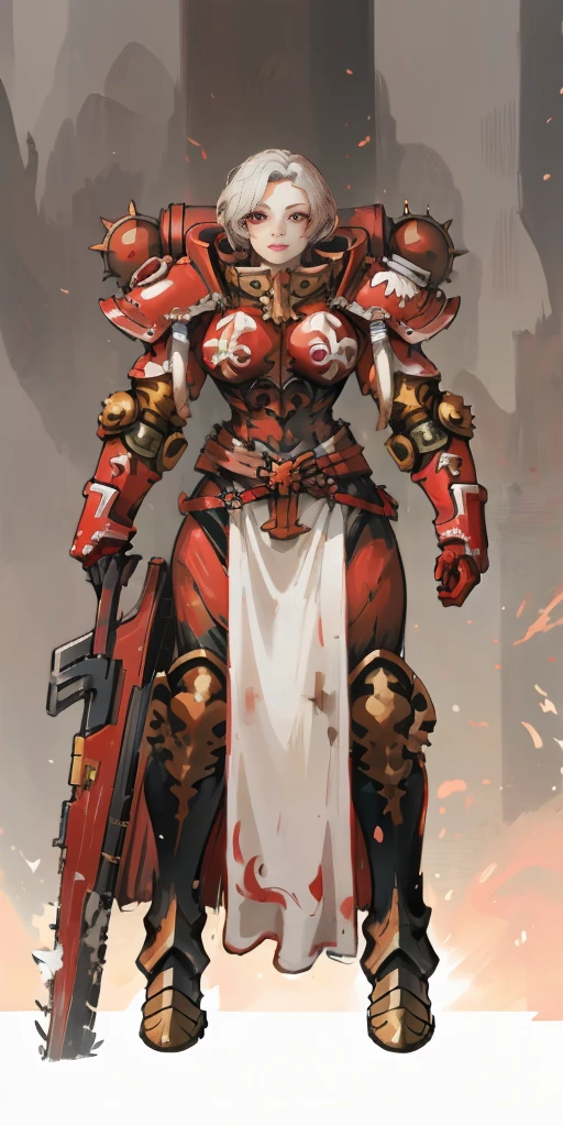(masterpiece, best quality, 4k, 1girlsolo, 1MILF, mmplatz, smile, red cheeks, plain background:1.2), perfect face, perfect lighting, mature whsororitas with gloves red gauntlets in her hands like Cammy White from Street Fighter, bob white hair, warhammer 40k power armor suit, red eyes like rubies, full body armor, view from below, looking to the viewer