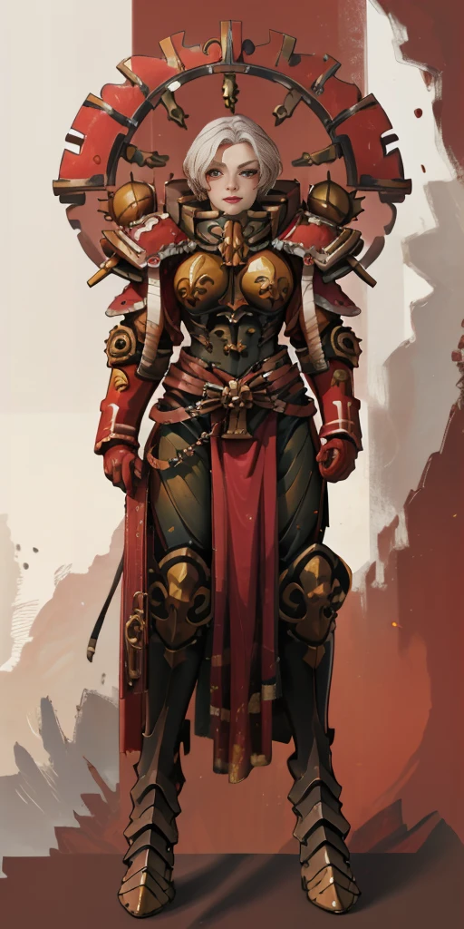 (masterpiece, best quality, 4k, 1girlsolo, 1MILF, mmplatz, smile, red cheeks, plain background:1.2), perfect face, perfect lighting, mature whsororitas with gloves red gauntlets in her hands like Cammy White from Street Fighter, bob white hair, warhammer 40k power armor suit, red eyes like rubies, full body armor, view from below, looking to the viewer