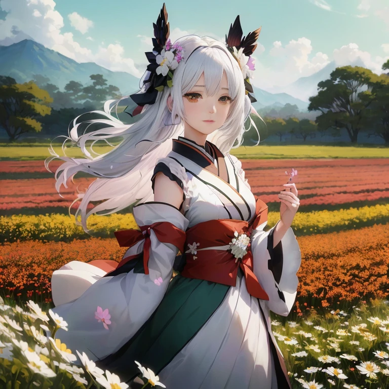 anime girl in a field of flowers with a flower crown, white haired deity, best anime 4k konachan wallpaper, anime style 4 k, anime art wallpaper 8 k, girl with white hair, official art, anime art wallpaper 4k, anime art wallpaper 4 k, perfect white haired girl, white haired lady, anime wallpaper 4 k, anime wallpaper 4k