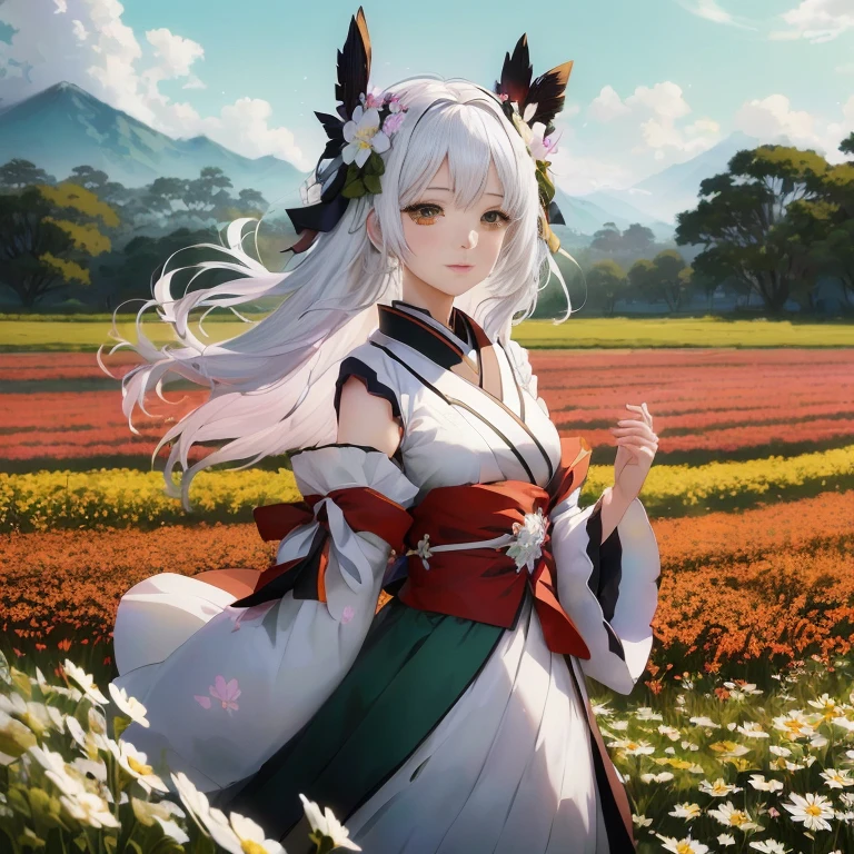 anime girl in a field of flowers with a flower crown, white haired deity, best anime 4k konachan wallpaper, anime style 4 k, anime art wallpaper 8 k, girl with white hair, official art, anime art wallpaper 4k, anime art wallpaper 4 k, perfect white haired girl, white haired lady, anime wallpaper 4 k, anime wallpaper 4k