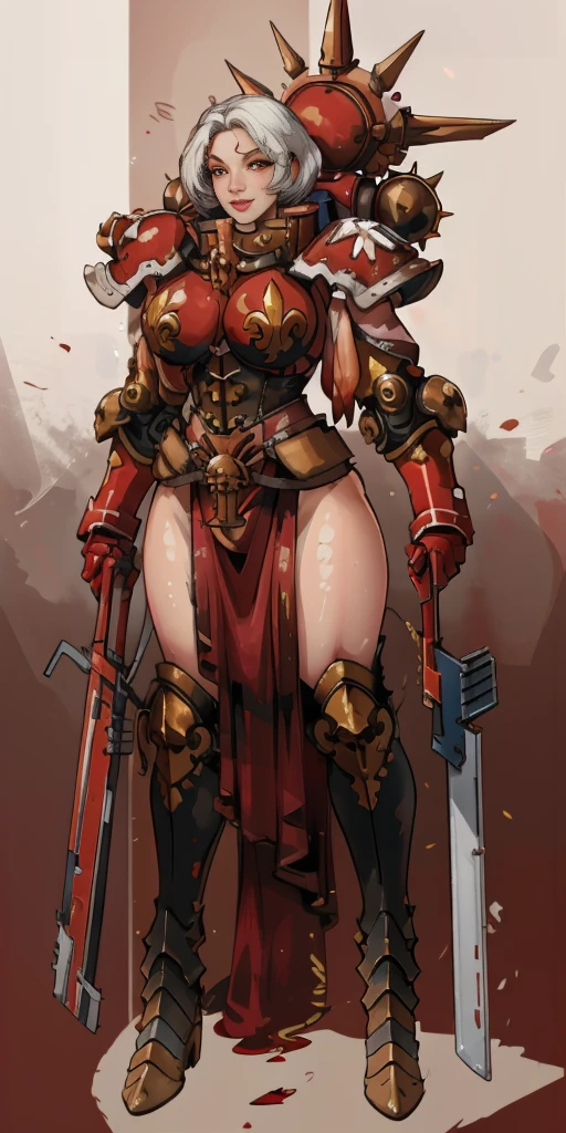 (masterpiece, best quality, 4k, 1girlsolo, 1MILF, mmplatz, smile, red cheeks, plain background:1.2), perfect face, perfect lighting, mature whsororitas with gloves red gauntlets in her hands like Cammy White from Street Fighter, bob white hair, warhammer 40k power armor suit, red eyes like rubies, full body armor, view from below, looking to the viewer