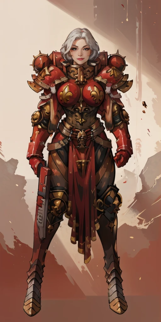 (masterpiece, best quality, 4k, 1girlsolo, 1MILF, mmplatz, smile, red cheeks, plain background:1.2), perfect face, perfect lighting, mature whsororitas with gloves red gauntlets in her hands like Cammy White from Street Fighter, bob white hair, warhammer 40k power armor suit, red eyes like rubies, full body armor, view from below, looking to the viewer