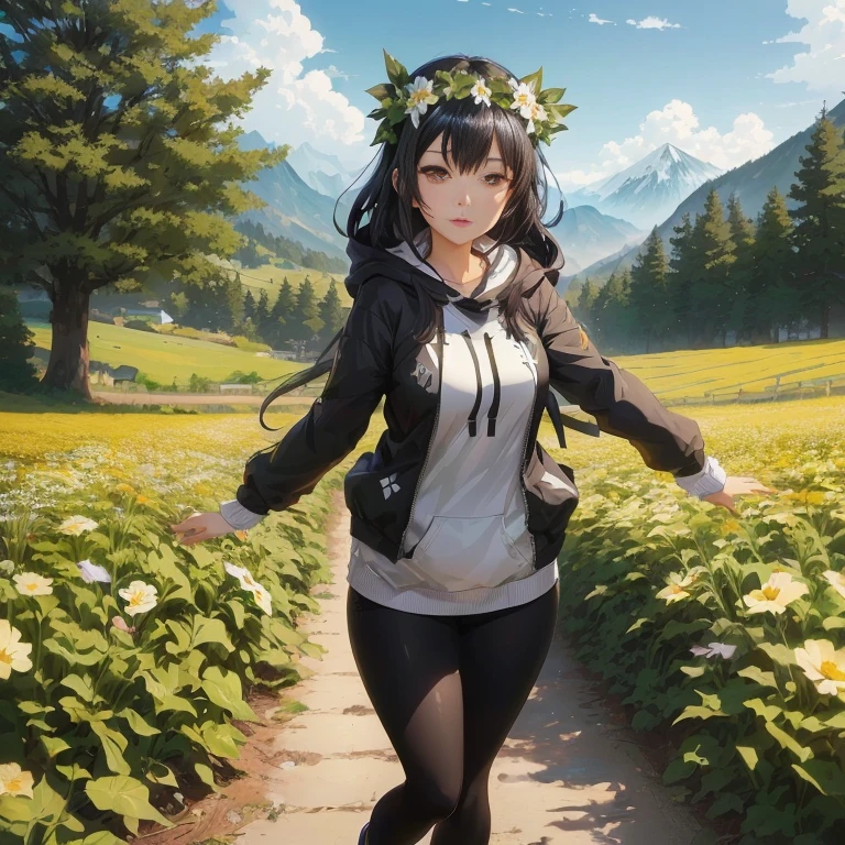 anime girl in a field of flowers with a mountain in the background, black haired girl wearing hoodie, anime style 4 k, official artwork, 4 k manga wallpaper, artwork in the style of guweiz, smooth anime cg art, anime moe artstyle, rin, guweiz on pixiv artstation, guweiz, anime lush john 8k woods