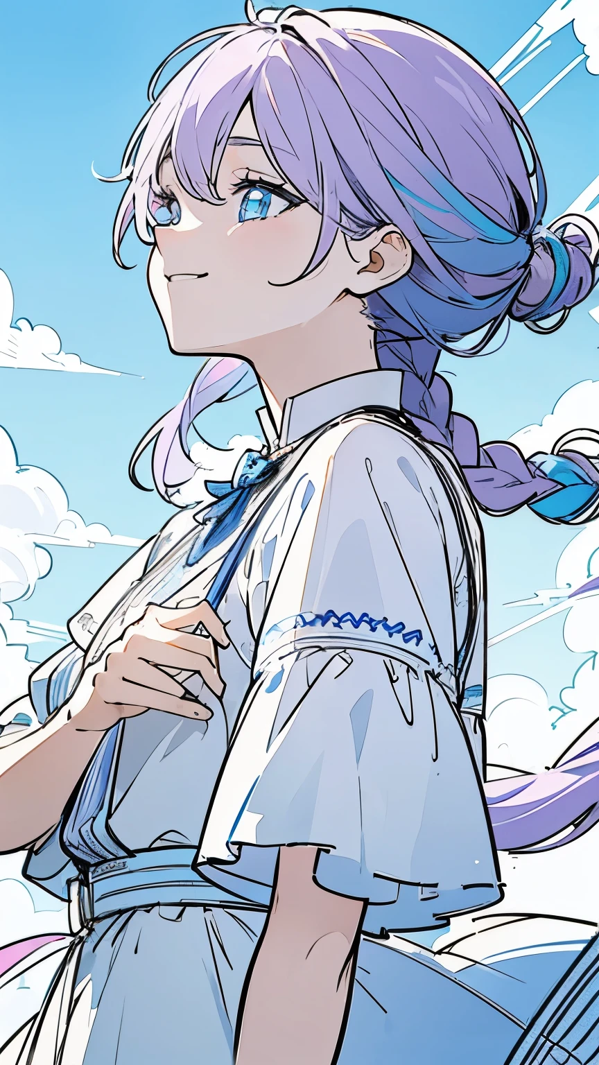 Line art, masterpiece, highest quality, Super Detail、Braid,(((Sketchy touch))),Light purple hair、Beautiful bright blue eyes,Multi-colored hair,Beautiful clear blue sky,A sky with a beautiful background,The breeze is blowing、Look up and laugh