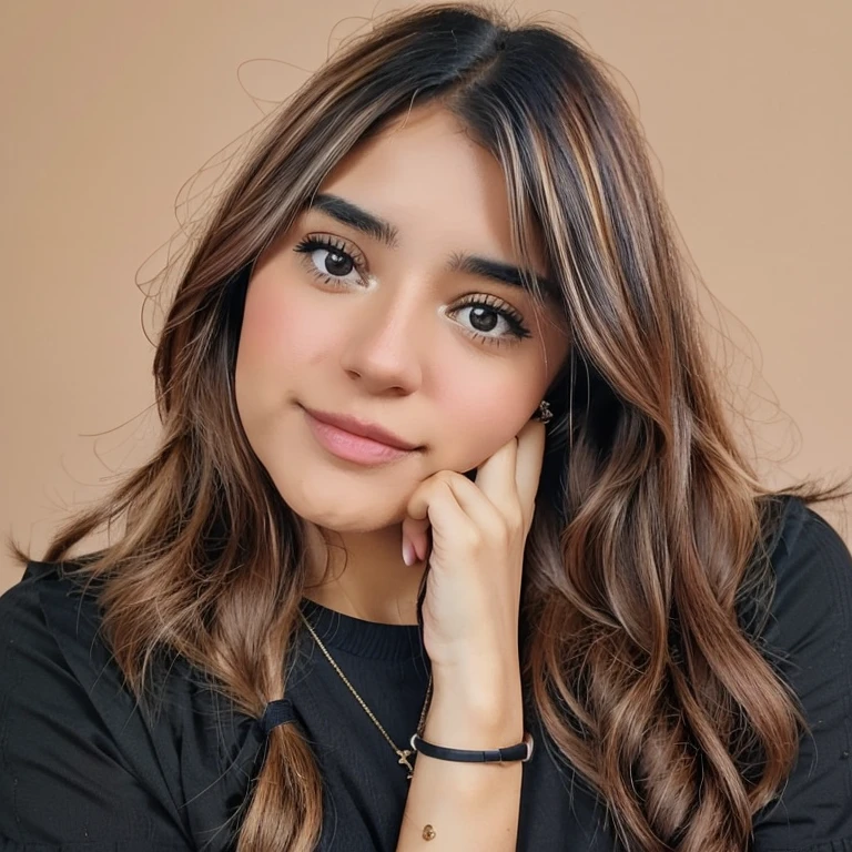 24-year-old girl taking a photo of her chin down, blusa color rosa. Gusto boluminoso y sonrisa coqueta, cabello color negro