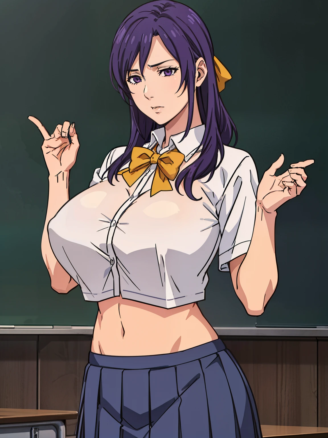 very tempting pose, white school shirt, blue pleated skirt, yellow bow, classroom background, Nonohara Mikako, anime cels style, best quality, high resolution, 1girl, (huge breasts:1.2), beautiful face, purple hair, long hair, purple eye, navel, cowboy shot