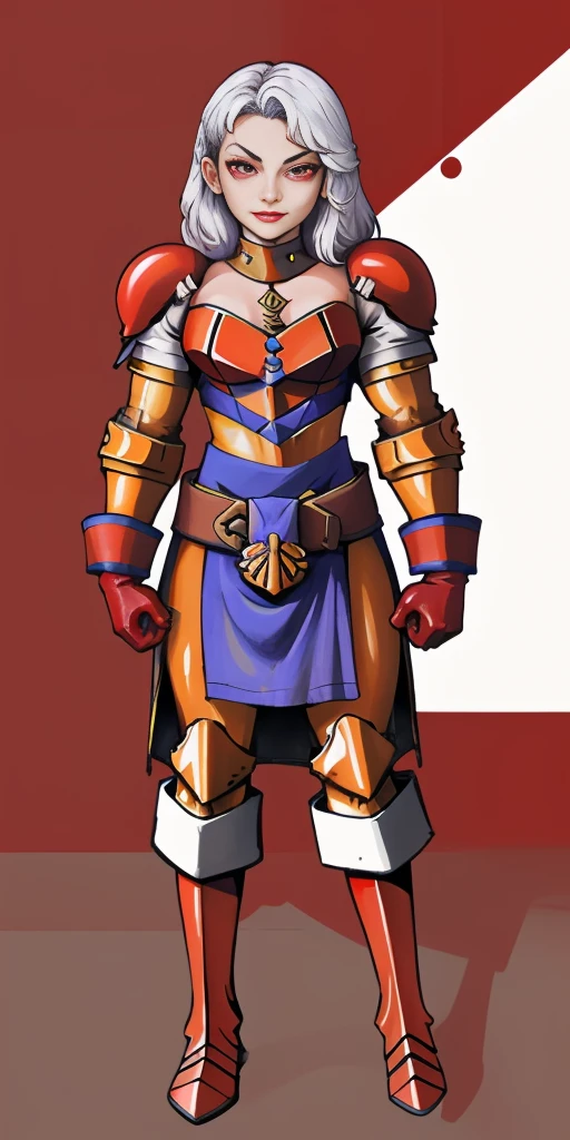 (masterpiece, best quality, 4k, 1girlsolo, 1MILF, mmplatz, smile, red cheeks, plain background:1.2) perfect face, perfect lighting, mature whsororitas with gloves red gauntlets in her hands like Cammy White from Street Fighter, bob white hair, warhammer 40k power armor suit with loincloth, red eyes like rubies, full body RED armor, view from below, looking to the viewer, arms to the sides empty hands, RED military boots, silver skull ornament attached to crossing 2 belt wide hips, 2 long legs