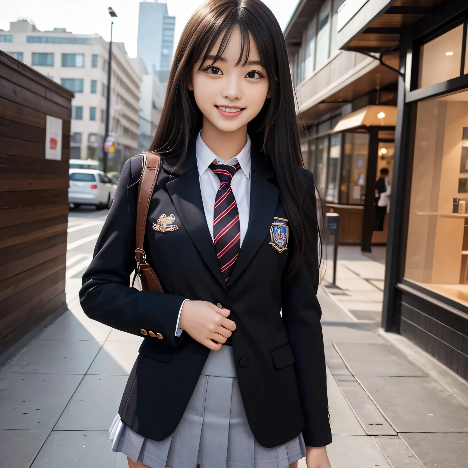 18 year old high school girl、Blazer uniform、A big smile、Ultra-high resolution、Powerful Images、8K Slender Woman、Super big 、Long straight black hair