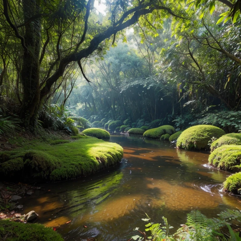 foto ultra realista de uma floresta com muitas arvores sem agua ou lagos