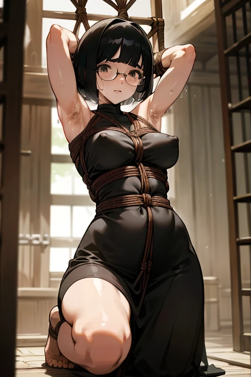 woman,Black Hair、short hair、Bobcut、Big eyebrows、成熟したwoman、Big Lips、Visible nipples、Large Breasts、L Cup Breast、Crying face、Watery eye、刑務所に排尿するwoman、Black maxi dress、Squat positions、Spread your legs、Sweat、barefoot、Front of body、In the cage、Round Glasses、Exposed armpits、Hairy armpits、Armpit hair、(shibari, arms behind back:1.4)