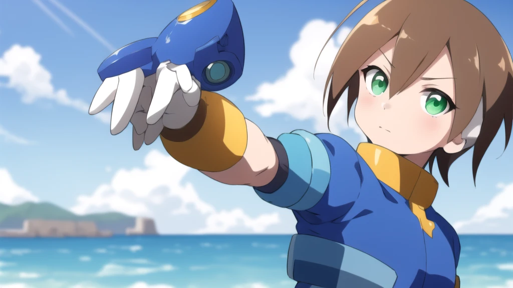 Aile_megamanzx, 1 girl, looking at viewer, Brown hair, green eyes , sea background