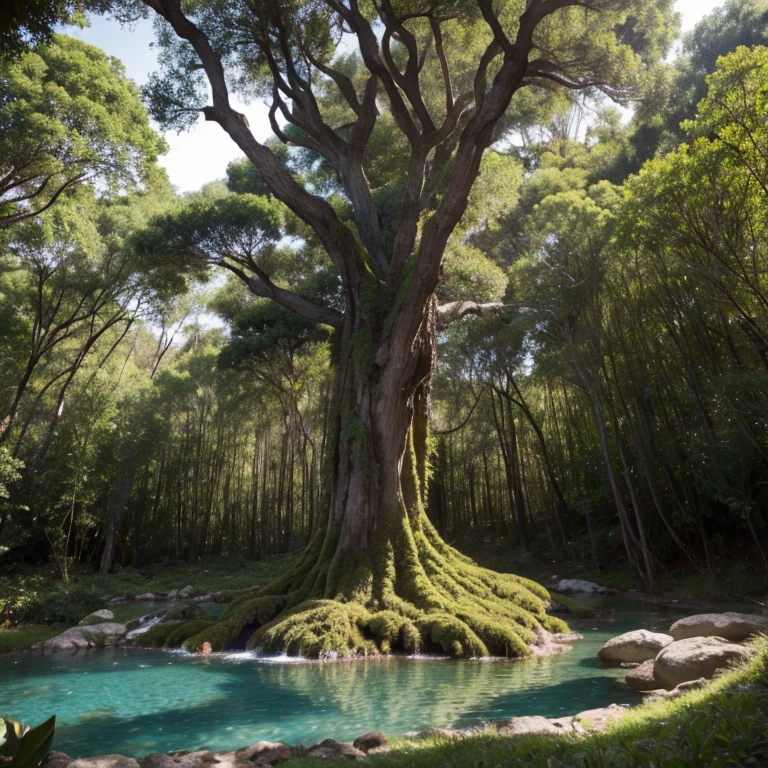 foto ultra realista de uma arvore em uma floresta com muitas arvores no water