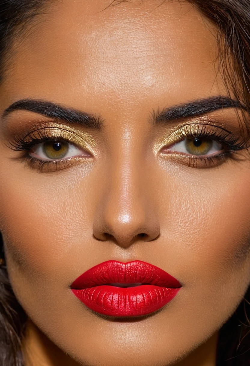 1 mujer, hermosa, 25 years, 1.75m de alto, pelo largo risado, (((rojo birllante))), labios carnosos, nariz respingada, (ojos verdes esmeralda brillantes), (mirada sensual), cara afilada, latina, piel bronceada, Looking straight into the camera, Photography type, DSLR de gama alta, objetivo 50mm, capturando luz natural y sombras, obra maestra,
