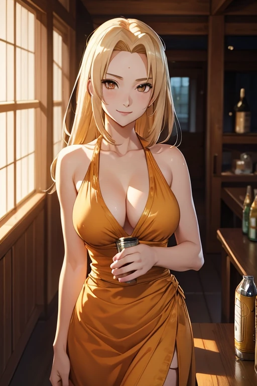 mark at forehead, shoulder-length blonde hair, light effect, soft, super clear, high-definition picture, (front), masterpiece, cinematic lighting, Tsunade hokage, orange eyes, blonde hair, 1girl, solo, looking at viewer, smile, large , open shoulder, gold long dress, beer can holding, gala dinner, friendly