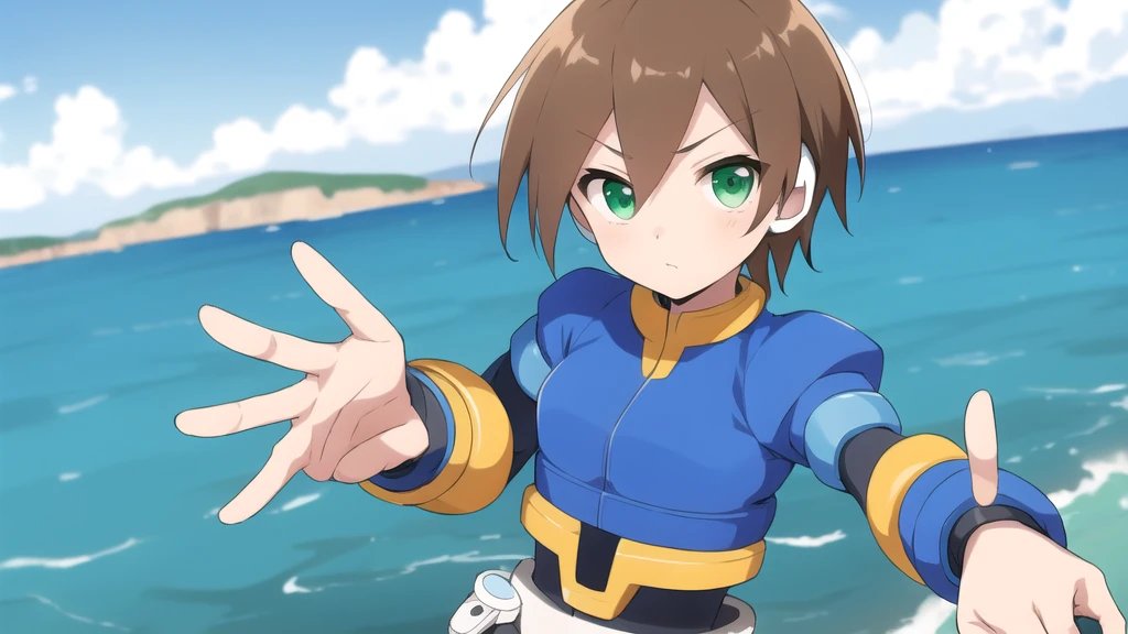 Aile_megamanzx, 1 girl, looking at viewer, Brown hair, green eyes , sea background