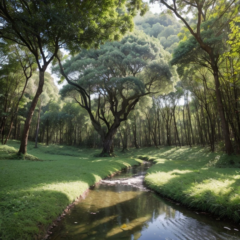 foto ultra realista de arvores em uma floresta com muitas arvores sem lagos ou agua na imagem