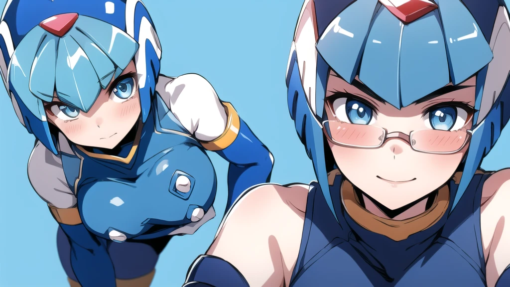 Leviathan Megaman 1 girl, looking at viewer, blue hair, Blue eyes, sea background, Blushed, face only, glasses