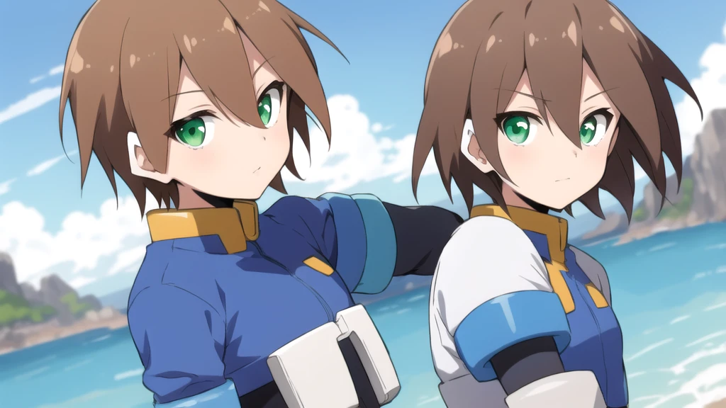 Aile_megamanzx, 1 girl, looking at viewer, Brown hair, green eyes , sea background