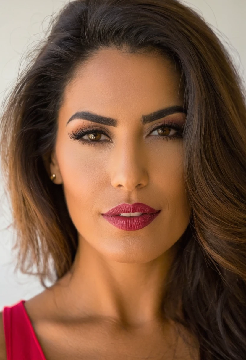 1 mujer, hermosa, 25 years, 1.75m de alto, pelo largo risado, (((rojo birllante))), labios carnosos, nariz respingada, (ojos verdes esmeralda brillantes), (mirada sensual), cara afilada, latina, piel bronceada, Looking straight into the camera, Photography type, DSLR de gama alta, objetivo 50mm, capturando luz natural y sombras, obra maestra,