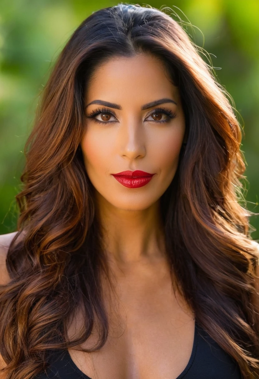 1 mujer, hermosa, 25 years, 1.75m de alto, pelo largo risado, (((rojo birllante))), labios carnosos, nariz respingada, (ojos verdes esmeralda brillantes), (mirada sensual), cara afilada, latina, piel bronceada, Looking straight into the camera, Photography type, DSLR de gama alta, objetivo 50mm, capturando luz natural y sombras, obra maestra,