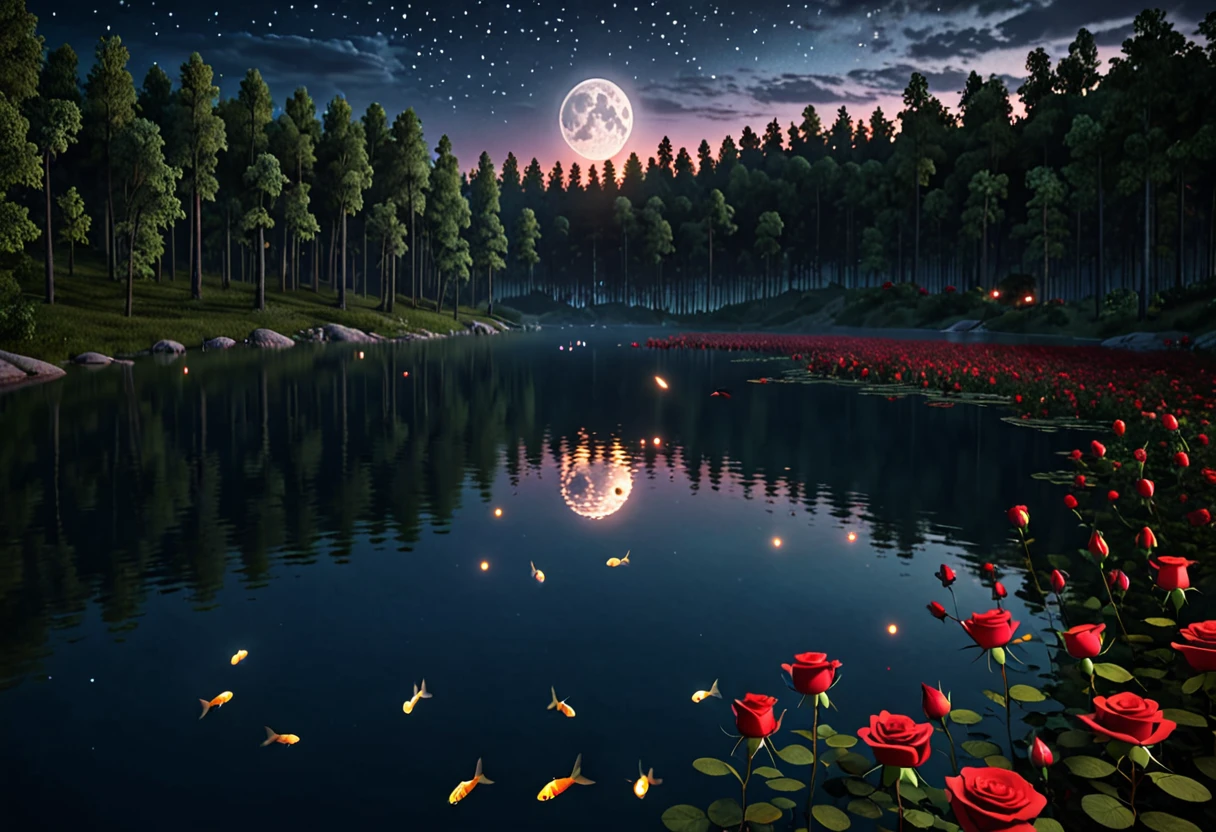 Beautiful photorealistic landscape, forest, lake, roses, aerial shot, at night, glowing fireflies, fish with lights under the water, bloody moon in the background