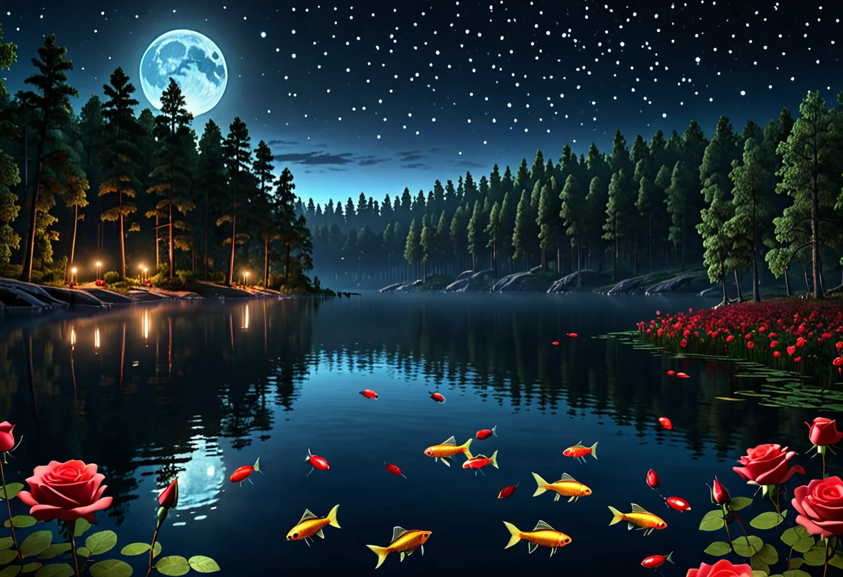 Beautiful photorealistic landscape, forest, lake, roses, aerial shot, at night, glowing fireflies, fish with lights under the water, bloody moon in the background