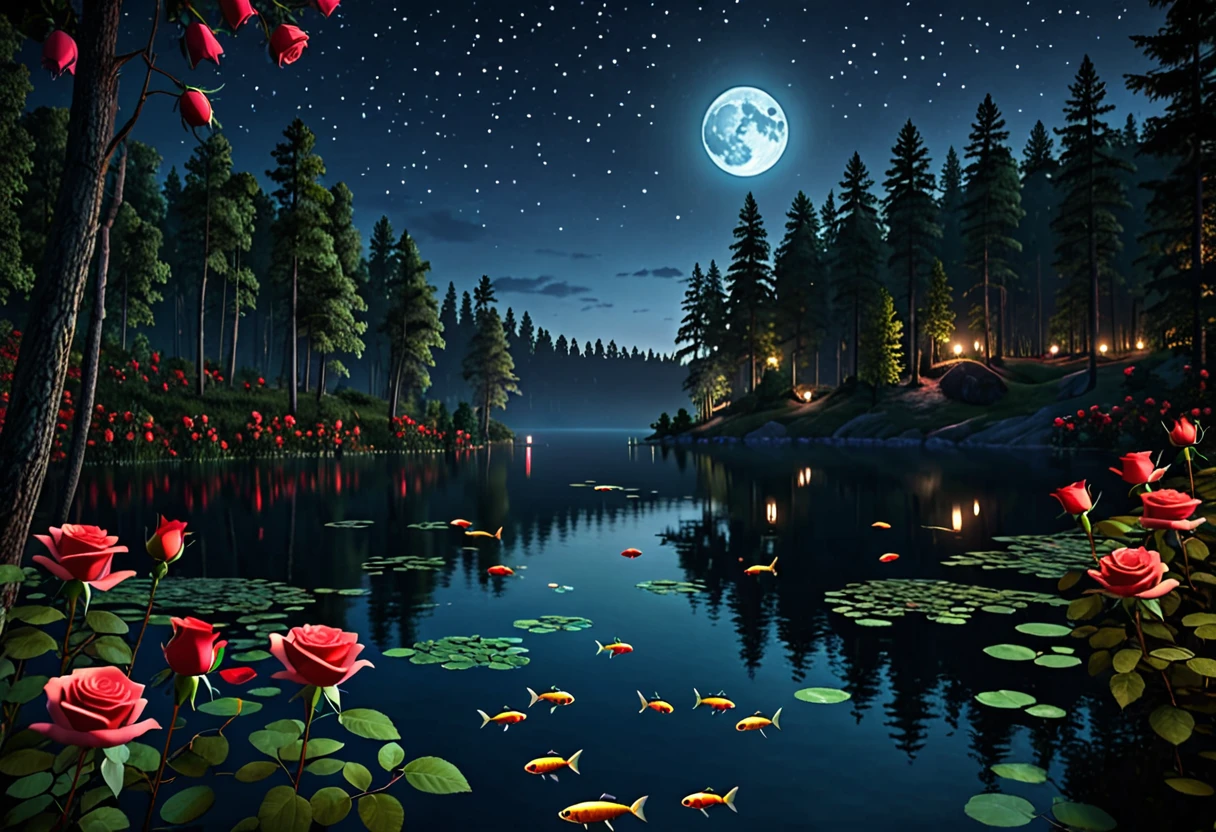 Beautiful photorealistic landscape, forest, lake, roses, aerial shot, at night, glowing fireflies, fish with lights under the water, bloody moon in the background