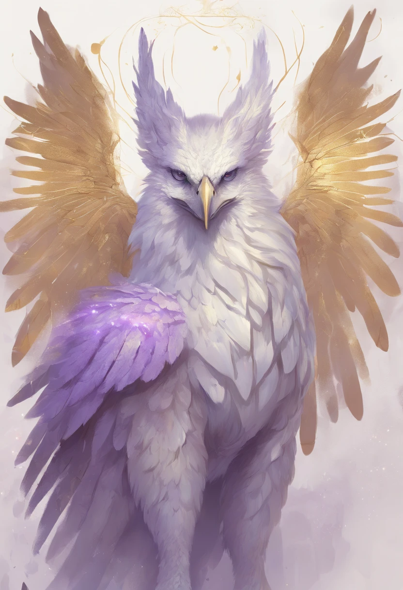 mythology，gryfon, soft delicate gryfon features, soft head features, main color is white and gold (very lighted pastel purple color)