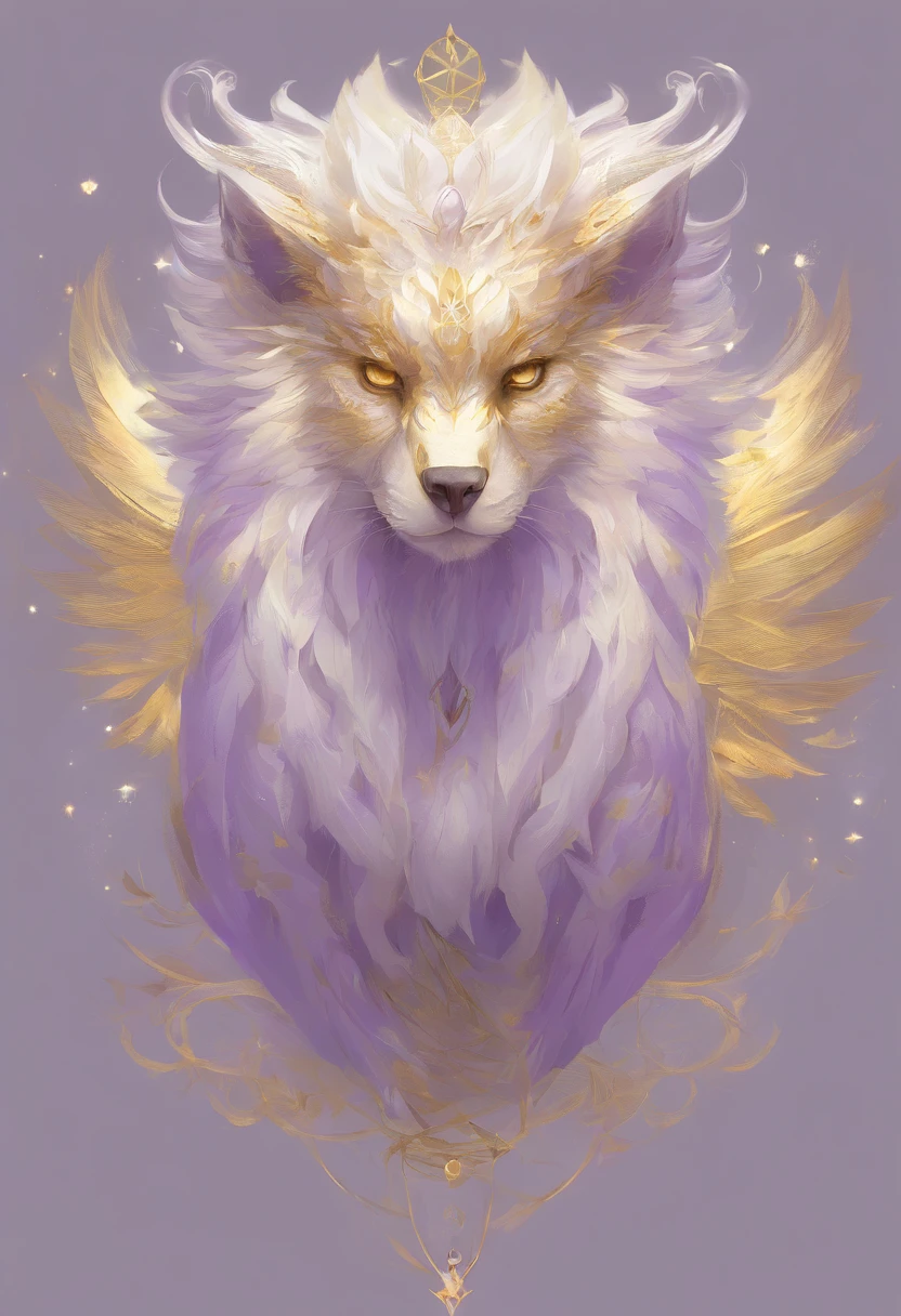 mythology，gryfon, soft delicate gryfon features, soft head features, main color is white and gold (very lighted pastel purple color)