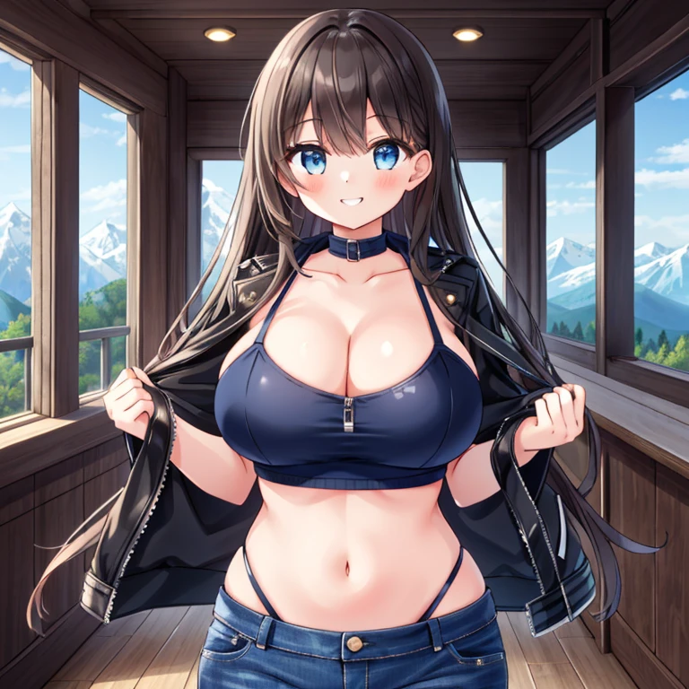 ((Masterpiece)), ((1girl)), ((Best Quality)), ((Perfectly Drawn)), ((Perfect Anatomy)), ((Best Detail)).    A Beautiful Cute Girl, Excessively Big Breasted, ((Lush, Longer DarkBrown Hair)), (Big Beautiful Blue Eyes), very wide hips, ((worn Black-Leather-Jacket)), (Dark-Blue Spandex Cropped top), and (DarkBlue Jeans), close-up-shot, with a soft grin, Beautiful view of mountains in the background, Big Cleavage, Insanely Oversized Breasts