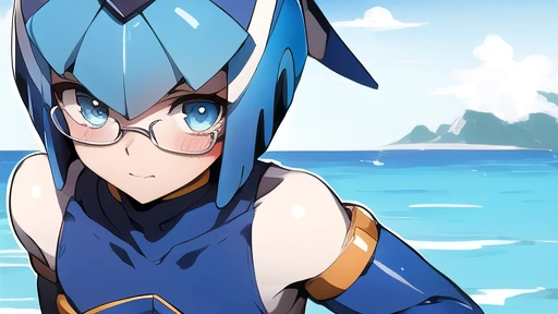 Leviathan Megaman 1 girl, looking at viewer, blue hair, Blue eyes, sea background, Blushed, face only, glasses