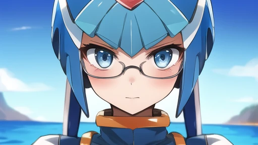 Leviathan Megaman 1 girl, looking at viewer, blue hair, Blue eyes, sea background, Blushed, glasses