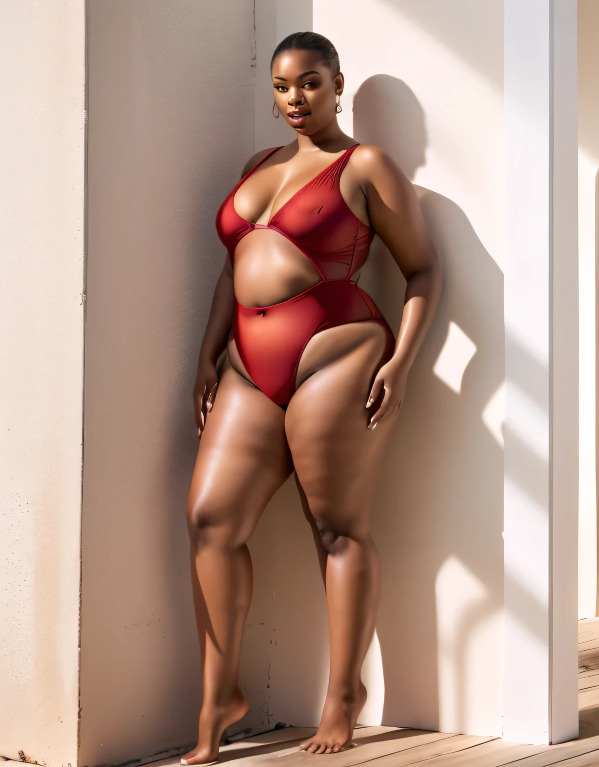 a woman in a red swimsuit in chiffon transparent standing in front of a wall, is wearing a swimsuit, red body suit in chiffon transparent, alluring plus sized model, red bikini in chiffon transparent, full body shot in bikini in chiffon transparent, curvy hourglass figure, wearing two - piece swimsuit, plus-sized, sparky swimsuit, plus size, plus size woman, curvy figure, swimsuit model, official product photo