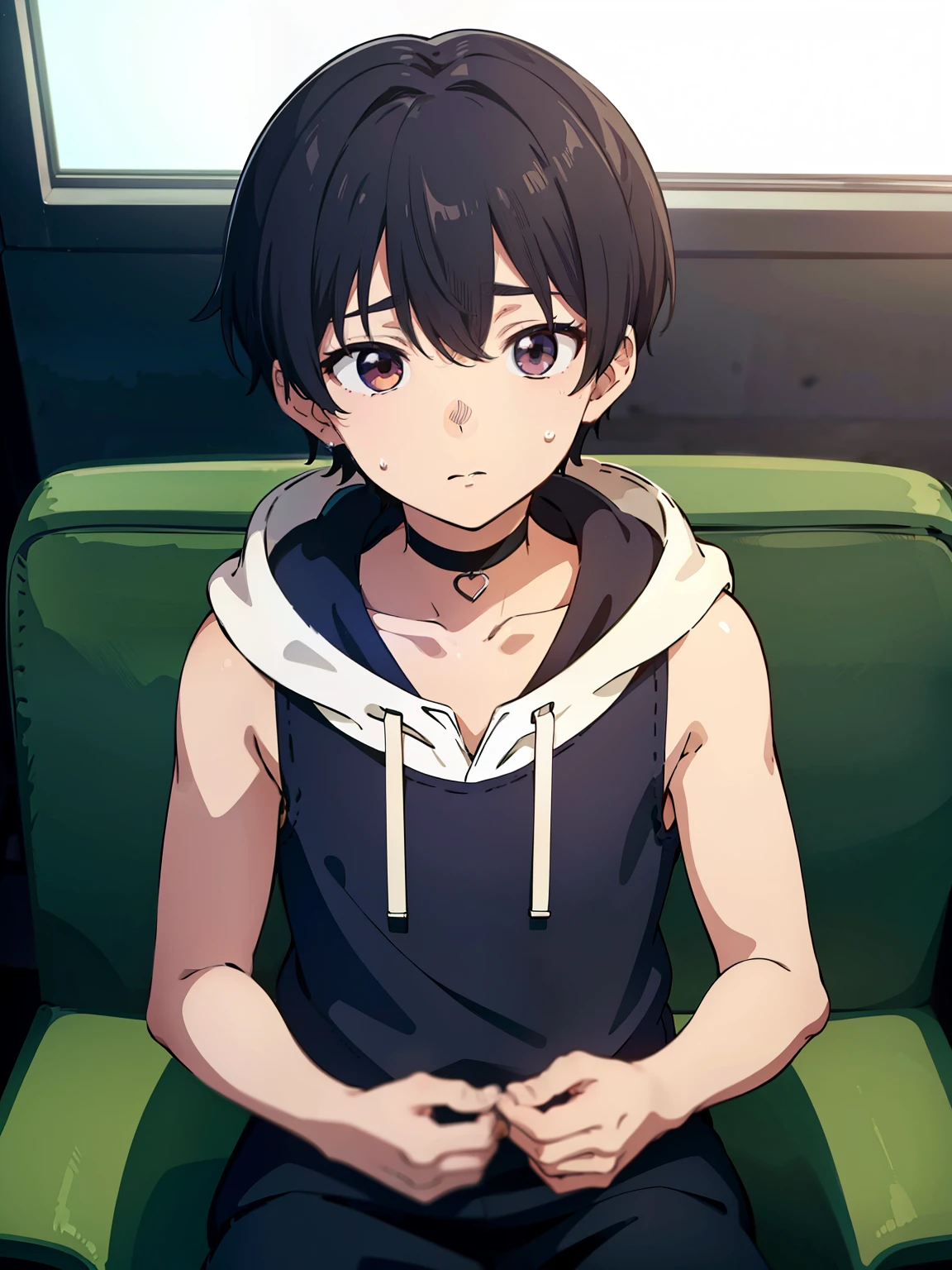 Highres, Masterpiece, Best quality at best,Best Quality,hight quality, hight detailed, 1boy, Boy,Fluffy hair, Side bangs, Shota, Sweat, Sleeveless hoodie, Choker, Collarbone, Depth of field, Anime screencap style, thin line, Sitting on the chair, Seen from the front, Little sweat, Kpop, boy, (very small and short stature), (very young boy), 12-yr-ooys, rry and simple beckground, bokeh, Uhd