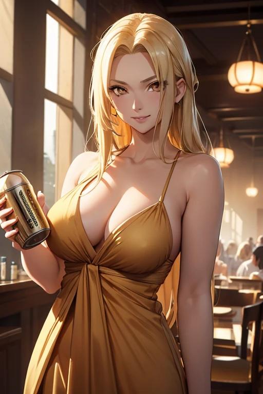 mark at forehead, shoulder-length blonde hair, light effect, soft, super clear, high-definition picture, (front), masterpiece, cinematic lighting, Tsunade hokage, orange eyes, blonde hair, 1girl, solo, looking at viewer, smile, large breast, open shoulder, gold long dress, beer can holding, gala dinner, friendly, drunk