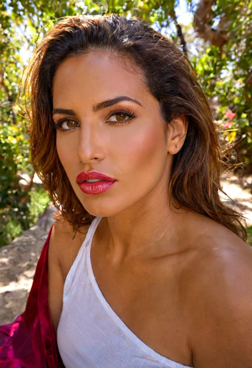 1 mujer, hermosa, 25 years, 1.75m de alto, pelo largo risado, (((rojo birllante))), labios carnosos, nariz respingada, (ojos verdes esmeralda brillantes), (mirada sensual), cara afilada, latina, piel bronceada, Looking straight into the camera, Photography type, DSLR de gama alta, objetivo 50mm, capturando luz natural y sombras, obra maestra,