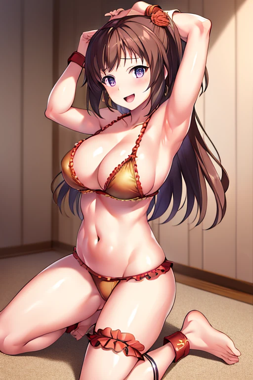 masterpiece, best quality, beautiful art, high resolution, well formed hands, body and fingers, 1 woman, solo, Ui Wakana , long hair, adult, grown up big breasted, cleavage, full body, , wearing a Mata Hari outfit, sexy and skimpy arabian belly dancer outfit, sexy arabian belly dancer, hair ribbon, gorgeous legs and thighs, she is fighting in a combat match at a martial arts tournament, she is getting ready to fight, making her guard pose, action and fighting scene, about to hit the viewer, looking at the viewer, sweating , feeling confident and proud, smiling joyfully and happily, charming her opponent with her beauty, bouncing breasts, fighting scene, martial arts tournament on the beach