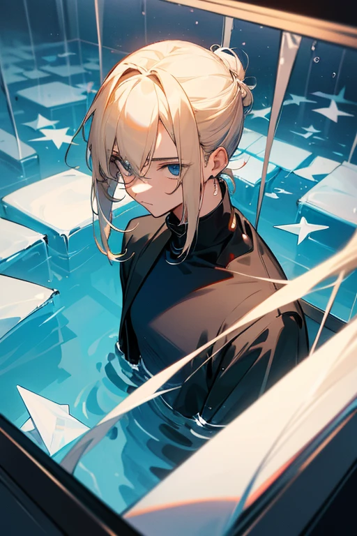 1 man with blond hair ((two long strands of hair on the sides of his face)) in the middle of the bangs, the strand is black, short hair. hair tied up in a bun behind. black eyes. big blue coat, white t-shirt, black turtleneck, solo. sly smile, narrow eyes
Located in an aquarium full of water. Located in a cube. View from above. Shards. Water. Empty space