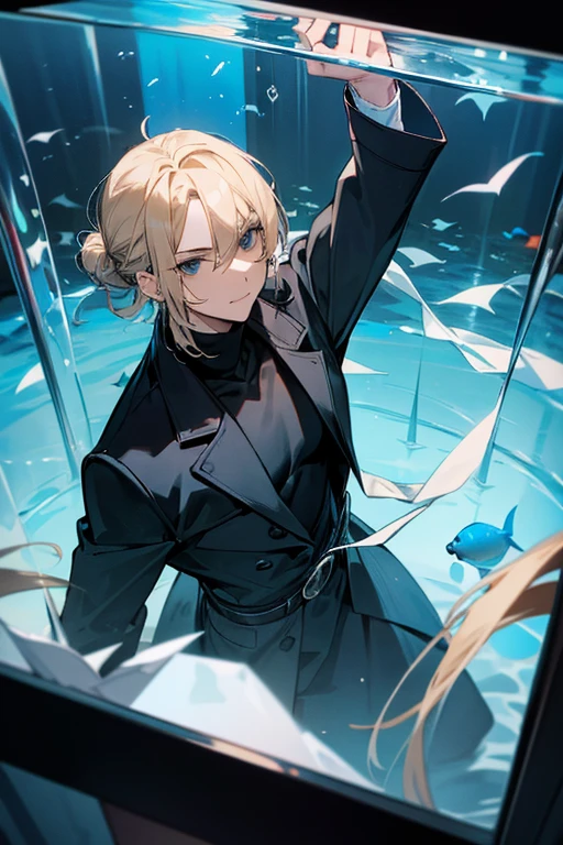 1 man with blond hair ((two long strands of hair on the sides of his face)) in the middle of the bangs, the strand is black, short hair. hair tied up in a bun behind. black eyes. big blue coat, white t-shirt, black turtleneck, solo. sly smile, narrow eyes
Located in an aquarium full of water. Located in a cube. View from above. Shards. Water. Empty space