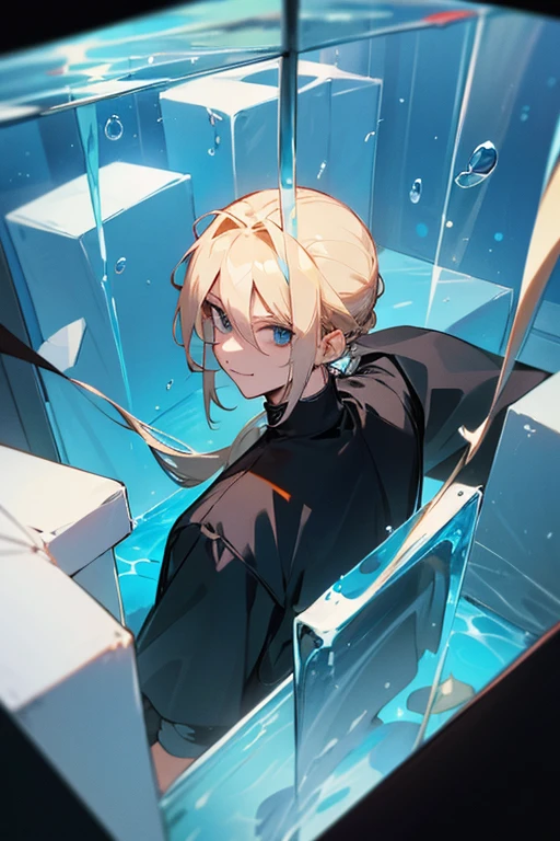 1 man with blond hair ((two long strands of hair on the sides of his face)) in the middle of the bangs, the strand is black, short hair. hair tied up in a bun behind. black eyes. big blue coat, white t-shirt, black turtleneck, solo. sly smile, narrow eyes
Located in an aquarium full of water. Located in a cube. View from above. Shards. Water. Empty space