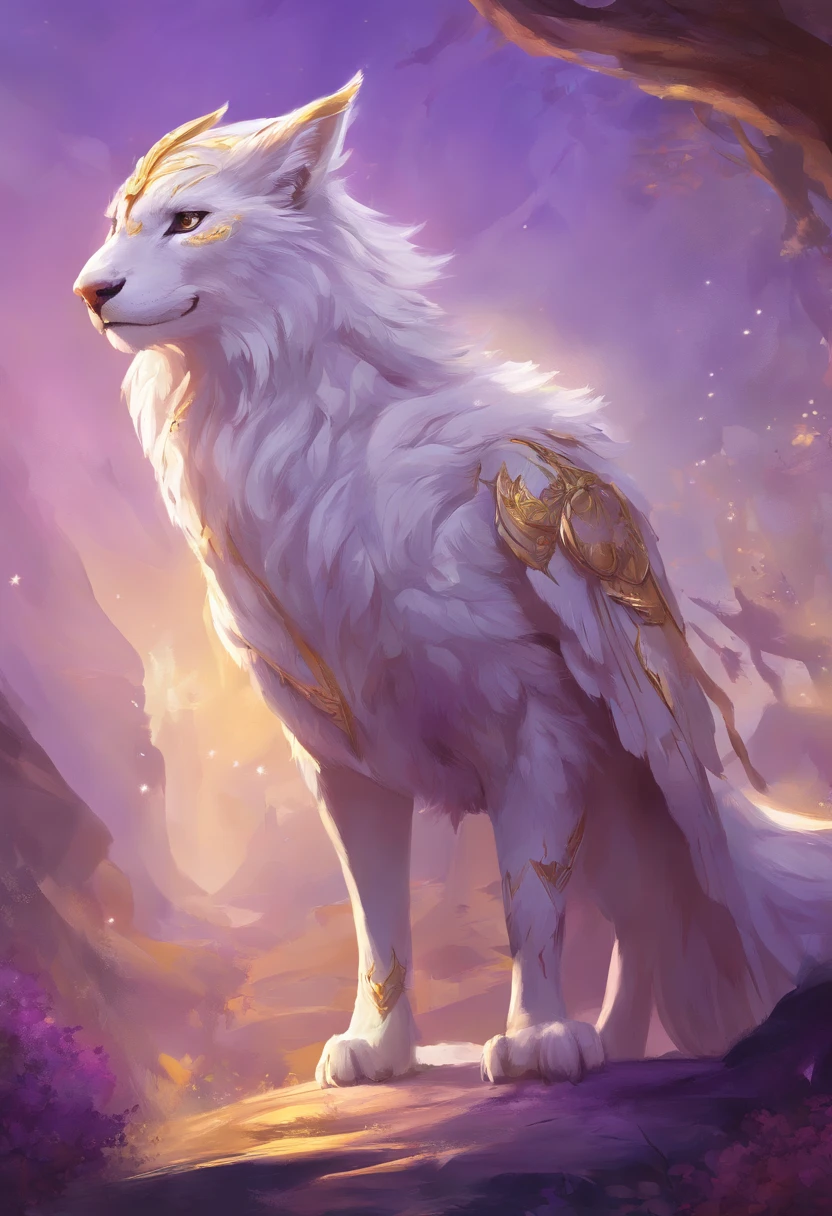 mythology，gryffon, soft delicate gryffon features, soft head features, main color is white and gold (very lighted pastel purple color)