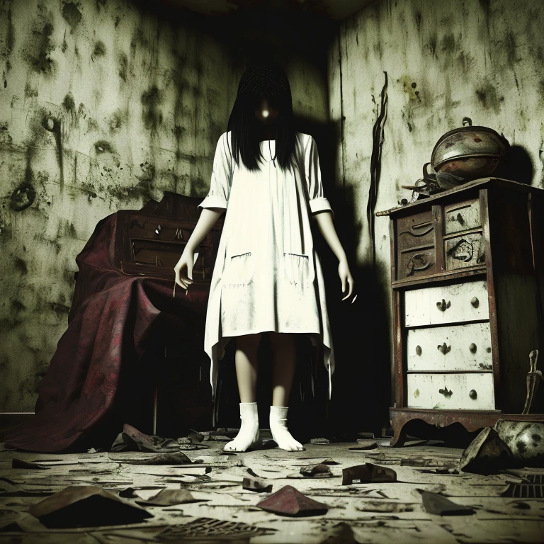 Realistic image of Japanese horror movie flavor., ((Obra maestra)), (mejor calidad), (cualidad absurda), high resolution, 32K, (fotorrealista:1.4), pelo negro, Foto hiperrealista de Yamamura._sadako, (((rasgado, Vestido blanco sexy))), ((piel gris)), pelo largo sobre los ojos, ojos cubiertos cara, cara completamente oculta por el pelo largo, mujer espeluznante, casa abandonada desordenada, dark atmosphere, escotes ultra enormes, tiro de cuerpo completo, Full room view, (gatear sobre las manos y las rodillas en el suelo), cuerpo delgado, agregar gorro de enfermera