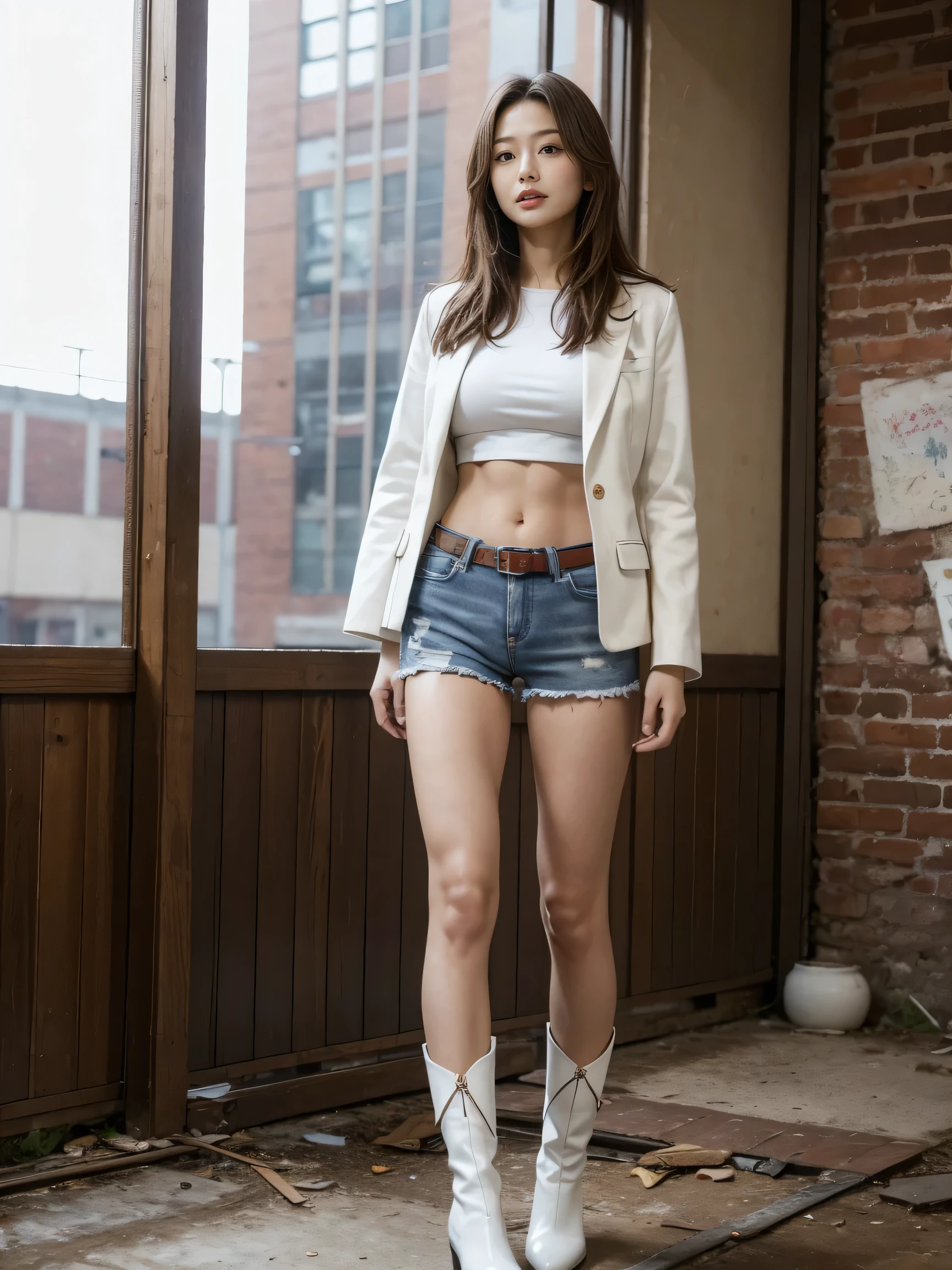 masterpiece,highest quality,High resolution,Full Body View,White jacket,Red innerwear,Belly button,Belted denim mini shorts,The heroine in white cowboy boots,Perfect Legs,Perfect Skin,Perfect Arms,Abdominal muscles,The background is an abandoned factory