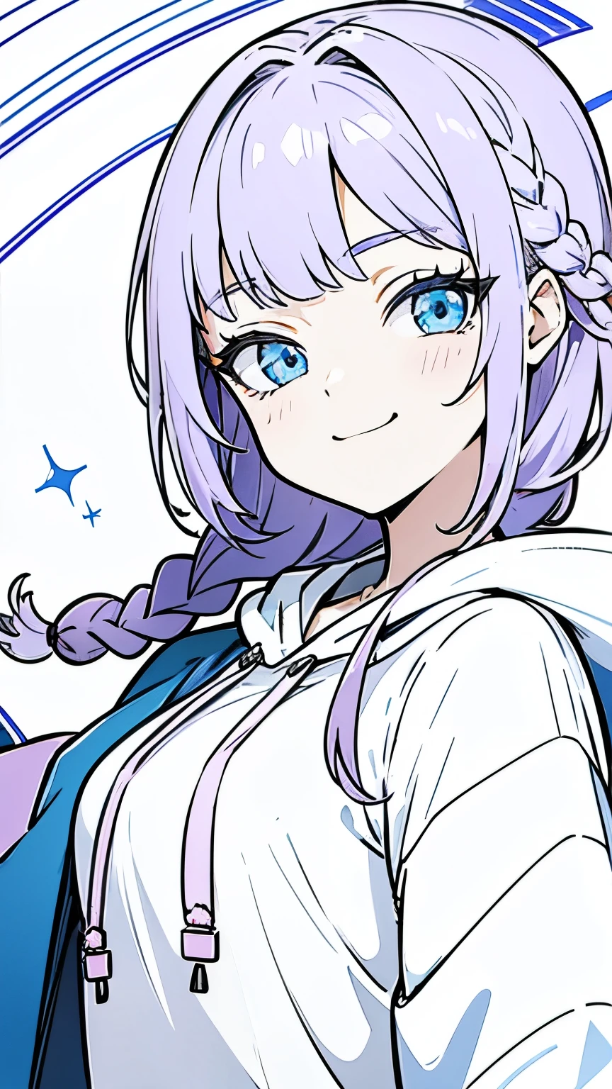 Line art, masterpiece, highest quality, Super Detail、Braid、Oversized hoodie,Light purple hair、Beautiful bright blue eyes,smug face,✨✨