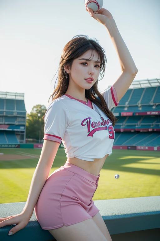 (masterpiece) (high quality) (Details of a very beautiful face) (Best Quality:1.4), 8K resolution, High resolution, Beautiful girl, makeup, perfect face, pink lips, medium body, femoral, baseball cheerleader outfit, jumping position, stadium landscape